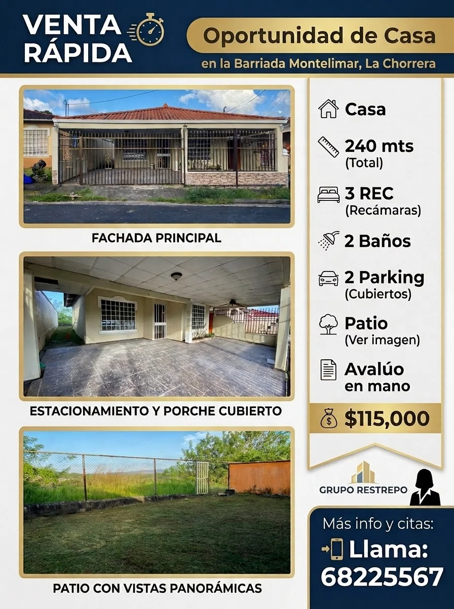 Venta Rápida casa 240 mts 3 REC en Chorrera, Panamá